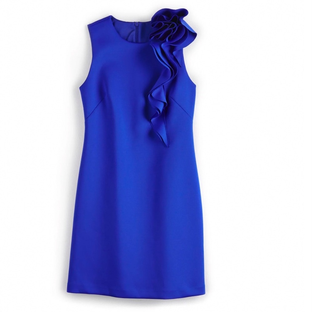 JW Jason Wu Blue‎ Sleeveless Sheath Dress with Floral Ruffle Size XL 0397 399
